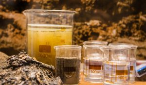 Soil mineral experiments on display in the museum.